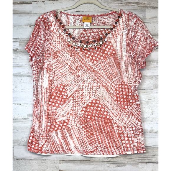 Ruby Rd Tank Lined Pullover Top Size L Orange and White Graphic Beaded Neckline - Picture 1 of 8